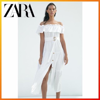 Zara ใหม่ ชุดมินิเดรส ปักลายกลวง สีขาว สําหรับผู้หญิง