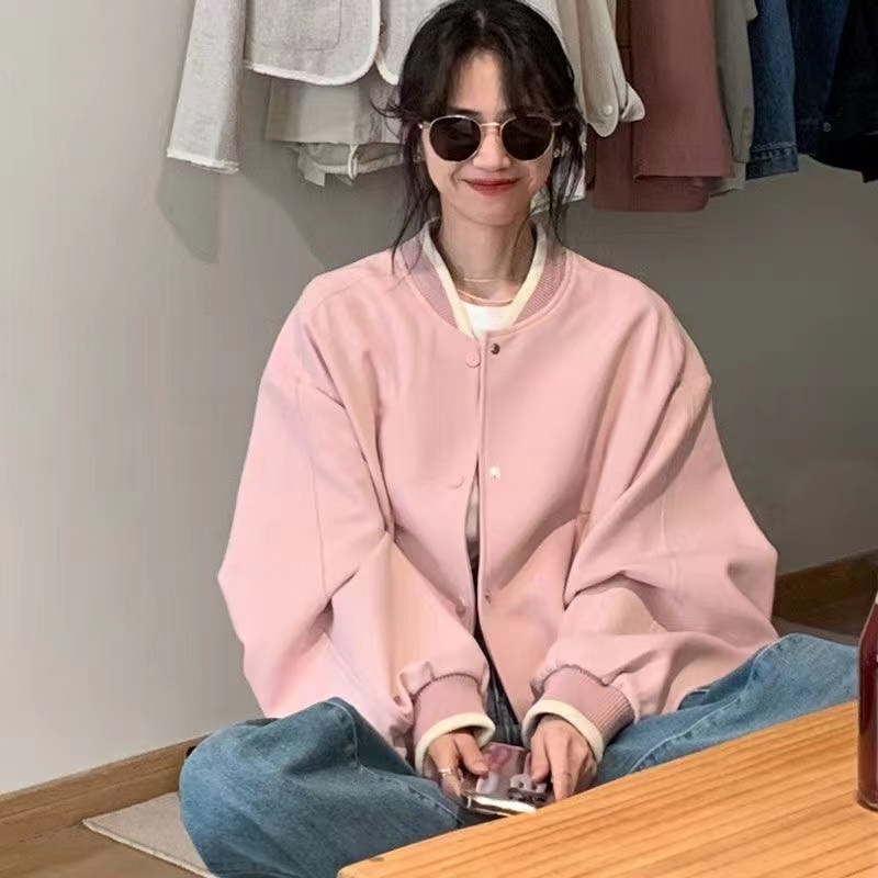 เสื้อแจ็กเก็ตเบสบอล แขนยาว ลําลอง ทรงหลวม สีพื้น แฟชั่นสไตล์เกาหลี สําหรับผู้หญิง