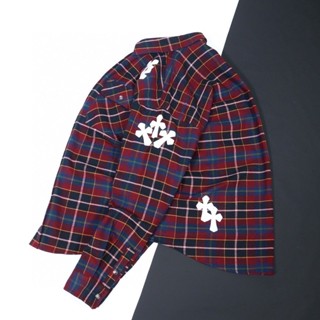 FLLV Chrome Hearts cross heart 23SS spring and summer new red plaid double flower White Cross leather stripe long sleeve shirt