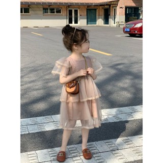 Korean childrens wear girls Mori mesh dress 2023 Summer wear girls western style embroidered lace princess dress OY8L