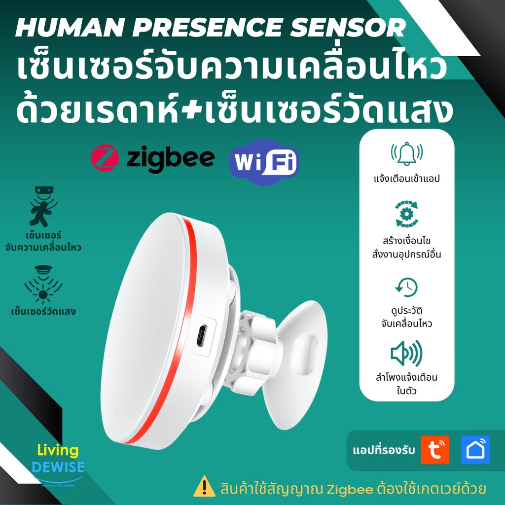 Tuya เซ็นเซอร์ตัวจับความเคลื่อนไหว Zigbee/Wi-Fi แบบเรดาห์ พร้อมเซ็นเซอร์วัดแสง และลำโพง Human Presence Sensor