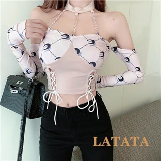 Latata- เสื้อยืดแขนยาว เปิดไหล่ โชว์สะดือ พิมพ์ลาย แฟชั่นสตรี