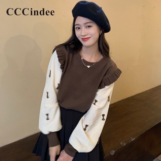 Cccindee เสื้อคาร์ดิแกนแขนยาว ทรงหลวม ประดับโบว์ สีตัดกัน แฟชั่นสําหรับผู้หญิง 2023