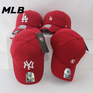 Mlb หมวกเบสบอล ผ้าฝ้าย แบบนิ่ม ปักลาย LA NY สีแดง ปรับได้ 47 สไตล์เกาหลี สําหรับผู้ชาย และผู้หญิง