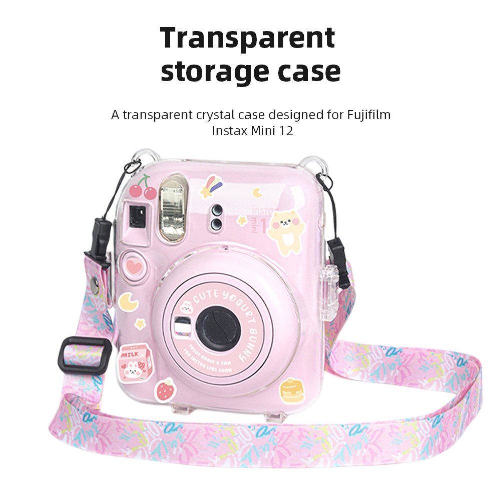เกราะป้องกันกล้อง ฟรีสติกเกอร์น่ารักสําหรับ Instax มินิ 12 โปร่งใสเคสเก็บกล้องพร้อมสายรัดสําหรับ มินิ12 กระเป๋ากล้อง