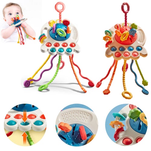 Montessori ของเล่นประสาทสัมผัสเด็ก สําหรับ 18M+, 4 in 1 ปลาหมึก ซิลิโคนดึงเชือก ของเล่นกิจกรรม, ของเล่นเดินทาง ทักษะยนต์ละเอียด, ของเล่นมอนเตสซอรี่ สําหรับเด็ก 1 ปี, ของขวัญที่ดีที่สุดสําหรับนกตัวที่ 1