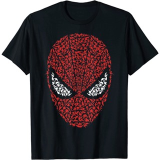 เสื้อยืดแขนสั้นเสื้อยืด ผ้าฝ้าย พิมพ์ลายกราฟฟิค Marvel Spider-Man Mask Build Up Fill สําหรับผู้ชายS-5XL