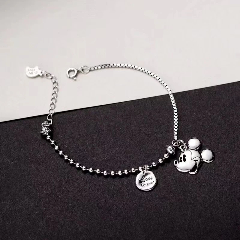 S925 Mickey Mouse Female Retro Old European and American Student Mouse Head Bracelet Cartoon Asymmetric Korean Fashion Hip Hop Trendy Jewelry