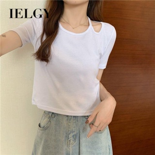 IELGY เสื้อยืดลําลอง แขนสั้น โชว์สะดือ สีพื้น สําหรับผู้หญิง