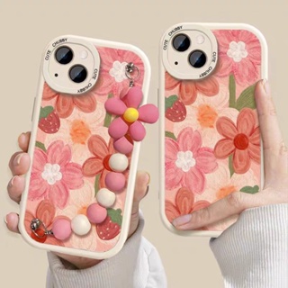 เคสโทรศัพท์มือถือหนังแกะ TPU ลายดอกไม้ สีชมพู สีเขียว สไตล์เรโทร พร้อมสายโซ่ สําหรับ Samsung Galaxy A03 A03S A10S A13 A11 A12 A22 A23 A33 A70 4G 5G