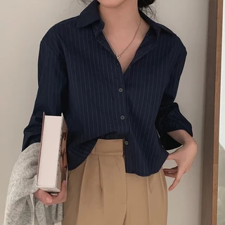 เสื้อเชิ้ตแขนยาว คอโปโล ทรงหลวม ลายทาง แบบเรียบ สไตล์เกาหลี สําหรับผู้หญิง