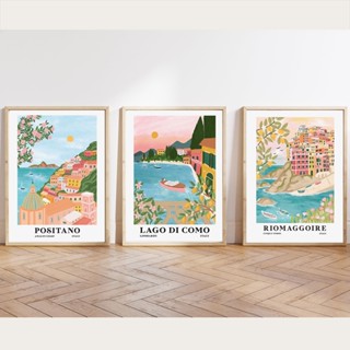 โปสเตอร์ภาพวาดผ้าใบ ลาย Italy Travel Posters Cinque Terre Lake Como Amalfi สําหรับตกแต่งบ้าน