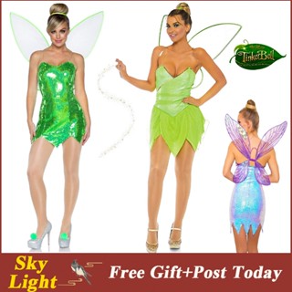 Tinkerbell เครื่องแต่งกาย ชุดเดรสคอสเพลย์ แขนกุด ปักเลื่อม ฮาโลวีน คริสต์มาส สีเขียว สําหรับผู้หญิง ผู้ใหญ่