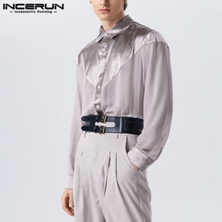 Incerun เสื้อเชิ้ตแขนยาว ผ้าซาติน ผ้าชีฟอง แบบบาง