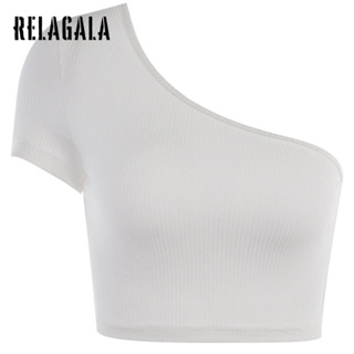 Relagala ใหม่ เสื้อยืดแขนสั้นลําลอง เปิดไหล่ข้างเดียว สีพื้น เซ็กซี่ แฟชั่นสําหรับสตรี 2023