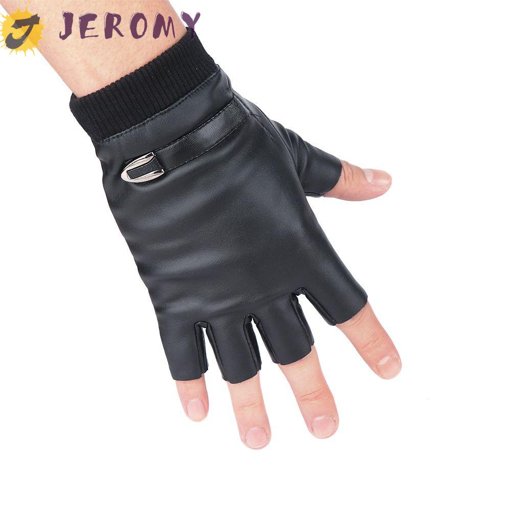 Jeromy ถุงมือหนัง PU แบบครึ่งนิ้ว กันลื่น คุณภาพสูง สีดํา สําหรับเต้นรํา ฟิตเนส กลางแจ้ง