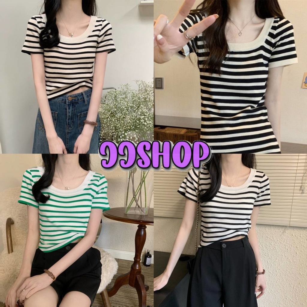 JJ shop พร้อมส่ง เสื้อคอกลมแขนสั้น ไหมพรม ลายทางน่ารักเกาหลีเกาใจ"88618" -C