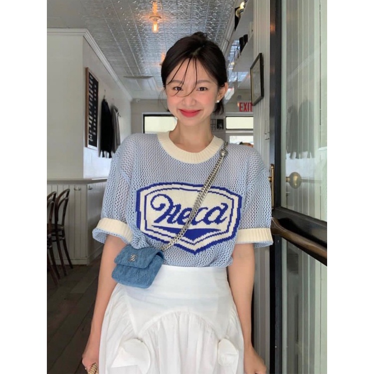MAเสื้อยืดแขนสั้น ผ้าถักโครเชต์ ทรงหลวม พิมพ์ลายตัวอักษร 23 ตัว สไตล์เกาหลี แฟชั่นฤดูร้อน สําหรับผู้หญิง MC 39WM