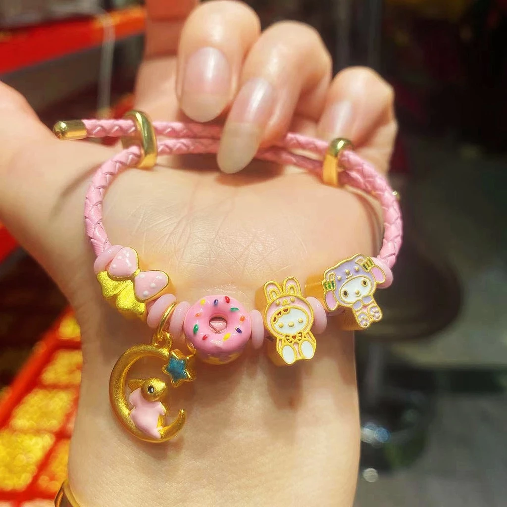 สร้อยข้อมือจี้โดนัทประดับโบว์ สีทองสไตล์จีนโบราณ