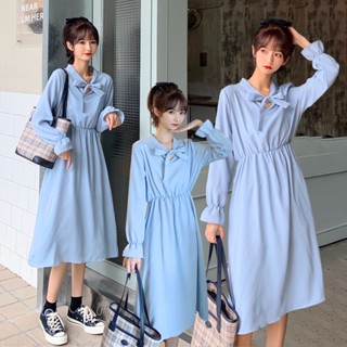 พร้อมส่ง 2 สี ✨Basic korea dress เดรสแขนยาวแต่งโบว์ (31518)