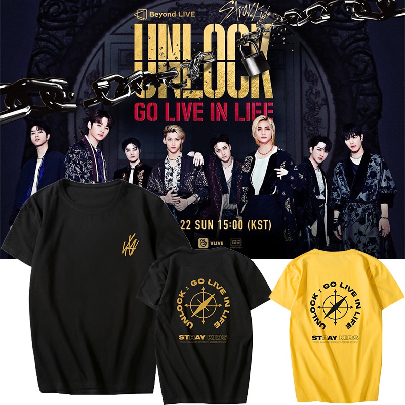 เสื้อยืดพิมพ์ลาย Kpop Stray Kids Unlock : Go Live In Life สําหรับผู้หญิงและผู้ชาย เสื้อยืดแขนสั้นสไต