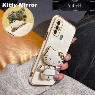 Andyh เคสโทรศัพท์มือถือแบบกระจก พับได้ ลายการ์ตูนเฮลโลคิตตี้ พร้อมขาตั้ง สําหรับ Tecno Spark 7 Pro Spark 7T