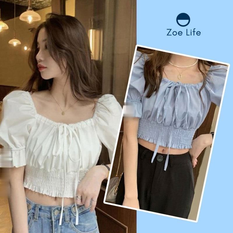 เสื้อครอปสีพื้นผูกโบว์หน้า สม็อคเอว เซ็กซี่+น่ารัก มี3สีเสื้ิอครอปเเฟชั่น เสื้อครอปเเขนตุ๊กตา