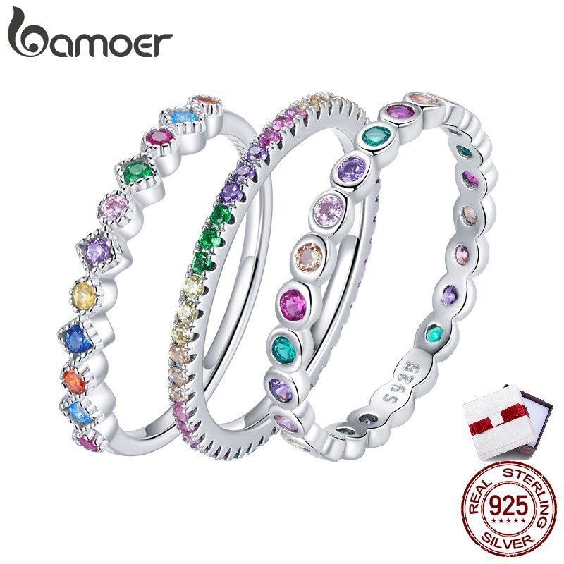 Bamoer Authentic Silver 925 Rainbow Zircon Stackable Band Finger Ring Jewelry For Women & Girls Fit Gifts SCR714