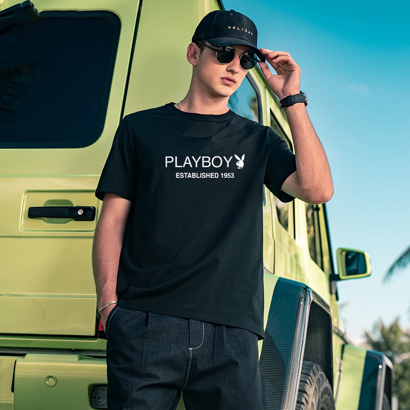 HOT FAShion ผู้ชาย PLAYBOY เสื้อยืดผ้าฝ้ายยี่ห้อแขนสั้นพิมพ์ลาย เสื้อยืดplayboyผู้ชาย เสื้อยืดplaybo