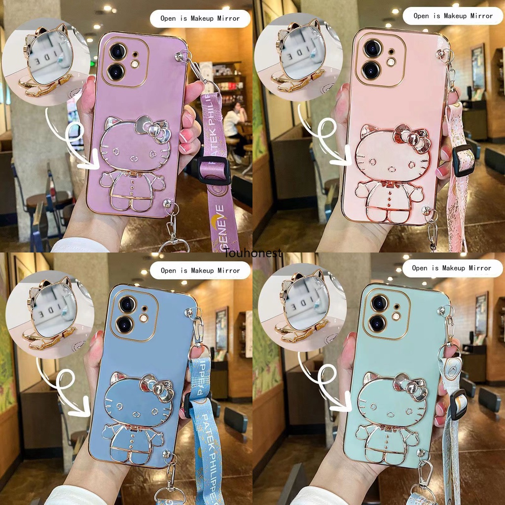 For Apple เคสไอโฟน iPhone 12 Pro Max เคส iPhone 7 Plus Casing iPhone 13 Mini Case iPhone 8 Plus Case iPhone SE Case iPhone XR Case Vanity Mirror Cute Hello Kitty Anime Stand Wrist Band With Metal Sheet Phone Cover Cassing Cases Case SK โทรศัพท์มือถือ