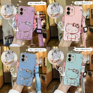 For Apple เคสไอโฟน iPhone 12 Pro Max เคส iPhone 7 Plus Casing iPhone 13 Mini Case iPhone 8 Plus Case iPhone SE Case iPhone XR Case Vanity Mirror Cute Hello Kitty Anime Stand Wrist Band With Metal Sheet Phone Cover Cassing Cases Case SK โทรศัพท์มือถือ