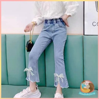 กางเกงยีนส์ขายาวของเด็ก สไตล์เกาหลีน่ารักมีโบว์ที่ขา กางเกงย…