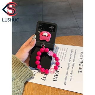 Lushuo เคสโทรศัพท์มือถือ ปิดด้านหลัง ลายหมีสีชมพู 3D พร้อมสร้อยข้อมือ สีดํา สําหรับ Samsung Galaxy Z Flip 3 5G and Z Flip 4 3 in 1 Z Flip3 ZFlip3 ZFlip 3 Z Flip4