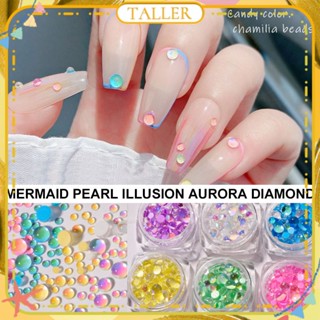 ✧ Ready Stcok Nail Art Mermaid Beads Jewelry Magic Color ออโรร่าคริสตัลสีลูกกวาดมุกกึ่งกลมผสมมาการองตกแต่งเล็บเครื่องมือทำเล็บสำหรับร้านทำเล็บสูง10สี