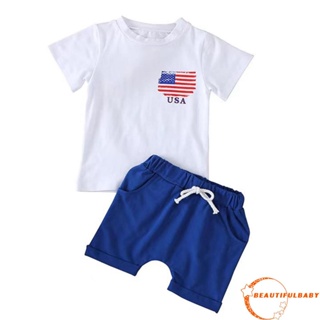 Beauty-baby Boys 4th of July เสื้อยืดแขนสั้น พิมพ์ลายตัวอักษร และกางเกงขาสั้น สําหรับเด็กผู้ชาย