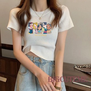 [] - เสื้อครอปท็อปลําลอง ผ้าถัก แขนสั้น พิมพ์ลายการ์ตูน สีขาว แฟชั่นฤดูร้อน สําหรับผู้หญิง