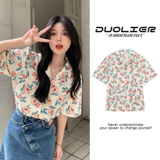 [พร้อมส่ง] เสื้อเชิ้ตแขนสั้น คอปกโปโล ทรงหลวม ลายดอกไม้ สไตล์เกาหลี ฮ่องกง แฟชั่นฤดูร้อน สําหรับผู้หญิง