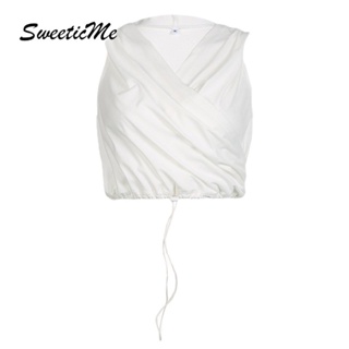 Sweeticme ใหม่ เสื้อฮู้ดลําลอง แขนกุด เข้ารูป สีพื้น แฟชั่นสําหรับสตรี 2023