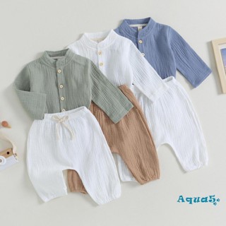 Aqq- เสื้อเชิ้ตแขนยาว และกางเกงขายาว เอวยางยืด สีพื้น 2 ชิ้น สําหรับเด็กผู้ชาย