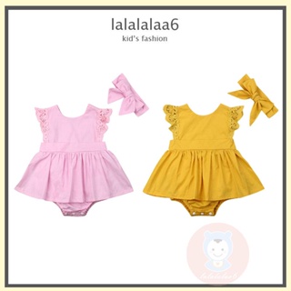 Laa6- ชุดรอมเปอร์ แขนบิน แต่งขอบลูกไม้ สีพื้น พร้อมที่คาดผม สําหรับเด็กผู้หญิง