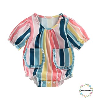 Babyclothes- ชุดรอมเปอร์ แขนสั้น คอกลม ลายทาง พร้อมกระเป๋า 2 ช่อง แฟชั่นฤดูร้อน สําหรับเด็กทารกผู้หญิง