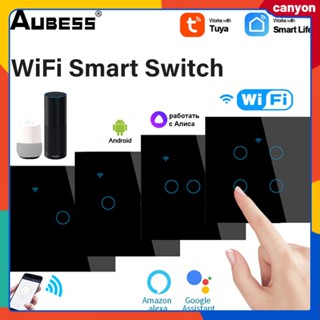 1/2/3/4 Gang Tuya Smart Home สวิตช์สัมผัสไร้สายสมาร์ทสวิตช์ไฟติดผนังแผงกระจกนิรภัย Smart App รีโมทควบคุมรองรับ Vocie Control canyon