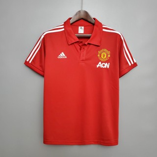 เสื้อโปโล แขนสั้น ลายทีมฟุตบอล Manchester United 2020/21 ชุดเยือน สีแดง xzlai