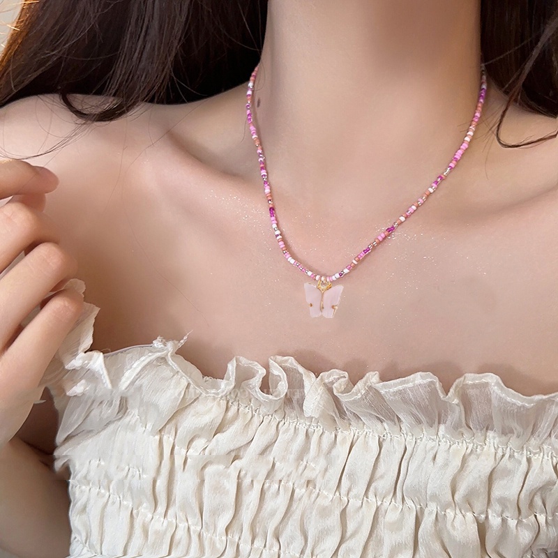 Roselife โบฮีเมีย หวาน ที่มีสีสัน ลูกปัด อะคริลิค ผีเสื้อ จี้สร้อยคอ สําหรับผู้หญิง เกาหลี Mori สาว สายรุ้ง ลูกปัด ไหปลาร้า สร้อยคอโซ่ เครื่องประดับ ของขวัญ