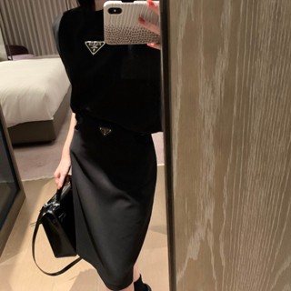 FRU5 PR * A 23 spring and summer new triangle logo decoration Feifei sleeve short top skirt fashion suit slimming