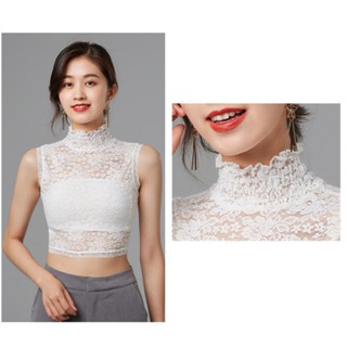 เสื้อยืดแขนกุด คอสูง ผ้าลูกไม้ แบบเข้ารูป สไตล์เรโทร สําหรับผู้หญิง