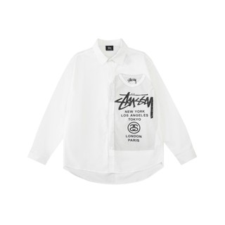 STUSSY เสื้อเชิ้ตแขนยาว พิมพ์ลายโลโก้ World Tour Series สไตล์คลาสสิก สําหรับผู้ชาย และผู้หญิง