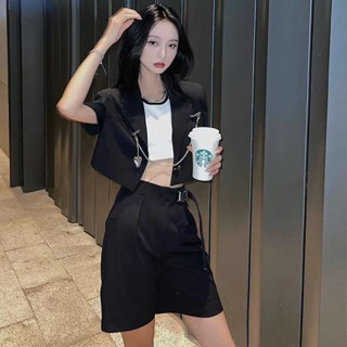 เสื้อเบลเซอร์แขนสั้นลําลอง คอปกโปโล สีดํา แฟชั่นสําหรับผู้หญิง