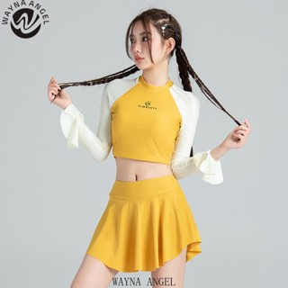 (WAYNA Angel) ชุดว่ายน้ํากระโปรง แขนยาว เอวสูง สีเหลือง สําหรับสตรี M-XXL