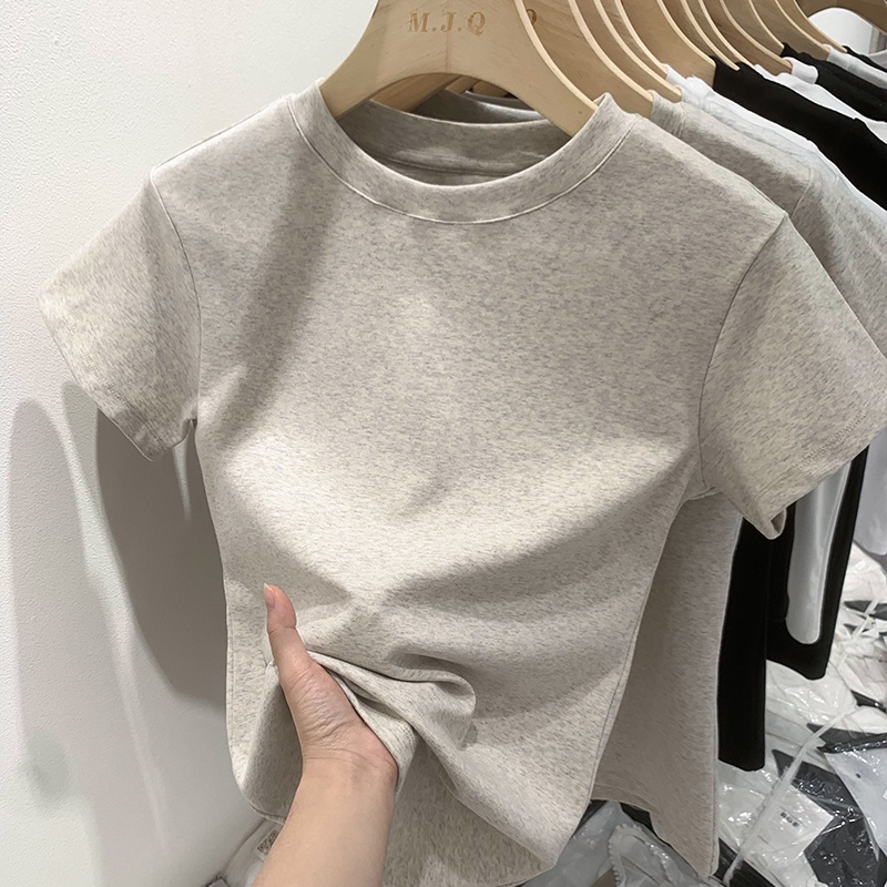 [6 สี] เสื้อยืดคอกลม แขนสั้น ผ้าฝ้าย เข้ารูป สีพื้น สําหรับผู้หญิง